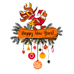Illustration for happy new year 2017 with silhouette cock and christmas decoration on background. Design vector image with symbol red rooster.