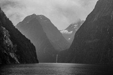 Black and white Majestic Stirling Falls, Milford Sound, Fiordlan
