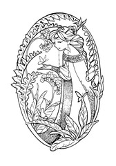 Art sketch of fairy lady with butterflies and flowers. Ink illustration isolated on white background. Coloring book page with elf girl in boho style.