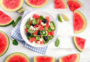 Fresh Salad with Watermelon and feta cheese.