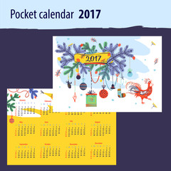 Calendar for year 2017 with vector silhouette cock and christmas decoration on color background. Design Illustration vector calendar with symbol year red rooster 2017