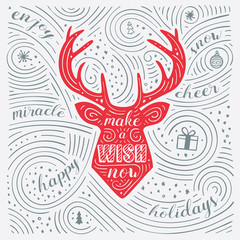 Winter Card. The Lettering - Make A Wish Now. New Year / Christmas Design. Handwritten Swirl Pattern. Vector Illustration.
