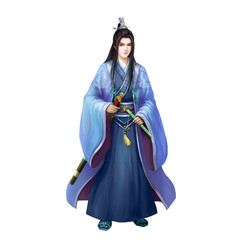 Ancient Chinese People Artwork: Pretty Young Man, GentleMan, Handsome Swordsman. Video Game's Digital CG Artwork, Concept Illustration, Realistic Cartoon Style Background and Character Design
