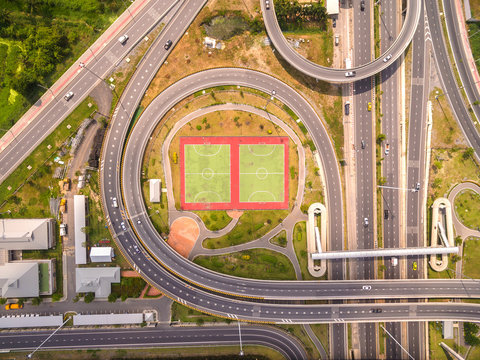 Top view over the road and highway, Aerial shot of highway inter