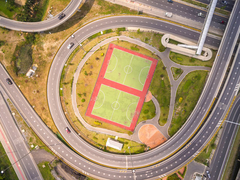 Top view over outdoor sports court, Aerial view over the road an