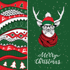 Christmas card with deer in winter hat. Christmas hand-drawn ethno pattern, tribal background. Vector illustration