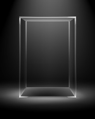 Vector Empty Transparent Glass Box Rectangle Cube Isolated on Dark Black Background with Backlight