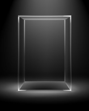 Vector Empty Transparent Glass Box Rectangle Cube Isolated On Dark Black Background With Backlight