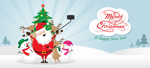Christmas, Santa Claus and Friends Selfie, Snow Scene, Snowman, Snowgirl, Reindeer, Pine Tree. Happy New Year
