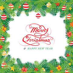 Christmas Pine Leaves Decoration, Frame, Holiday Event. Happy New Year