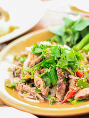 Spicy salad of roasted beef , Thai style food ; selective focus