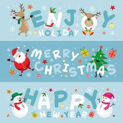 Christmas Banner, Santa Claus and Friends with Lettering, Snowman, Snowgirl, Reindeer, Pine Tree. Happy New Year