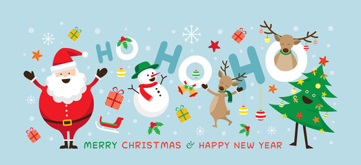 Christmas, Santa Claus Laugh Ho Ho Ho with Friends, Snowman, Reindeer, Pine Tree. Happy New Year
