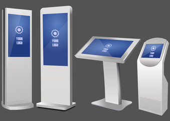 Set of Promotional Interactive Information Kiosk, Advertising Display, Terminal Stand, Touch Screen Display. Mock Up Template.