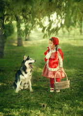 Red Riding Hood and gray wolf in the forest