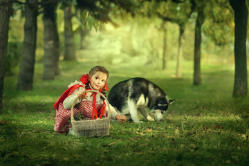 Red Riding Hood and gray wolf in the forest