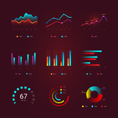 Flat graph and chart vector set. Colorful modern bar and pie infographic concept. Business templates for presentation results and statistics. Abstract technology diagram