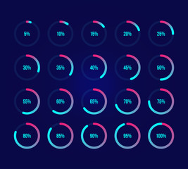 Colorful pie charts. Ux percent download, dashboard for app, web. Performance analysis percent. Set of bright blue percentage diagrams. Modern infographic elements. 10 percent graphs, dark background