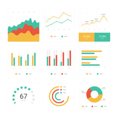 Flat graph and chart vector set. Colorful modern bar and pie infographic concept. Business templates for presentation results and statistics. Abstract technology diagram. App mobile dashboard screen