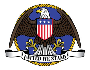 Fototapeta premium american eagle wearing flag shield and ribbon sign below