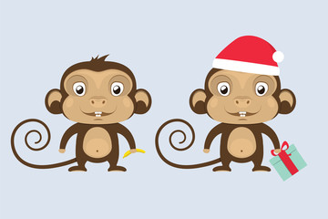 Obraz na płótnie Canvas Vector Monkeys In Red Santa`s Hat. Christmas Vector Illustration