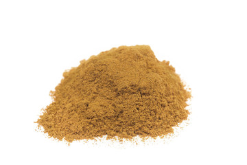 Heap of cinnamon powder on white background