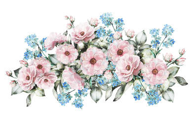 watercolor flowers. floral illustration, vintage flower in Pastel colors, little pink rose, me-nots. branch of flowers, isolated on white background. Leaf. composition for wedding or greeting card