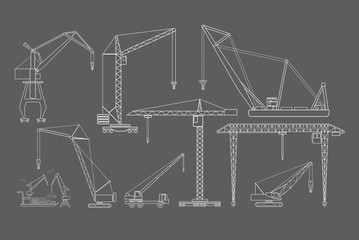 Crane and lifting machine. Outline icon set suitable for creatin