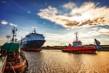 Ro-ro ship entering to port of Gdansk, Poland. - obrazy, fototapety, plakaty