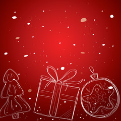 Hand Draw Christmas Card With Fit-Tree, Gift And Ball. Vector Illustration.