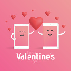 Smartphone love valentines day concept. Cute cartoon character phone with hands, eyes and smile