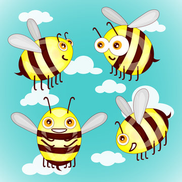 Set cartoon cute bees on sky with clouds vector illustration