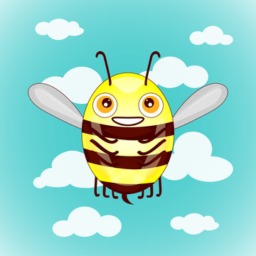 Cartoon cute bees on sky with clouds vector illustration