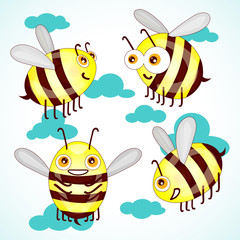 Set cartoon cute bees on sky with clouds vector illustration