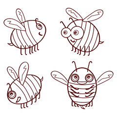 Naklejka premium Set cartoon outline cute bees isolated on white background vector