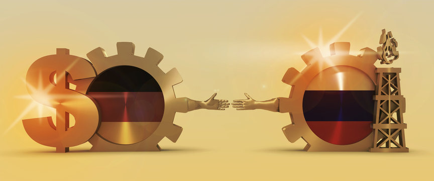Image relative to gas transit from Russia to Germany. Business Handshake. 3D rendering. Lens flare effect. Gold material of a gears. National flags on golden cog wheels.