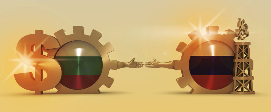 Image relative to gas transit from Russia to Bulgaria. Business Handshake. 3D rendering. Lens flare effect. Gold material of a gears. National flags on golden cog wheels.