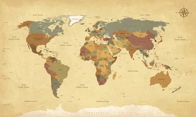 Papier Peint photo Carte du monde Carte du monde vintage texturée - étiquettes anglais/américains - vecteur CMJN