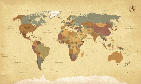 Textured vintage world map - English/US Labels - Vector CMYK © Neyriss