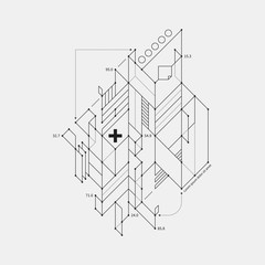 Abstract design element in draft style on white background. Useful for techno prints and posters.