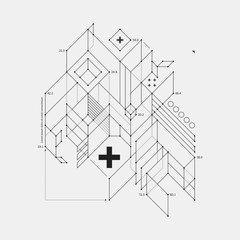 Abstract design element in draft style on white background. Useful for techno prints and posters.