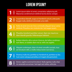 Modern menu with 8 colorful tabs.