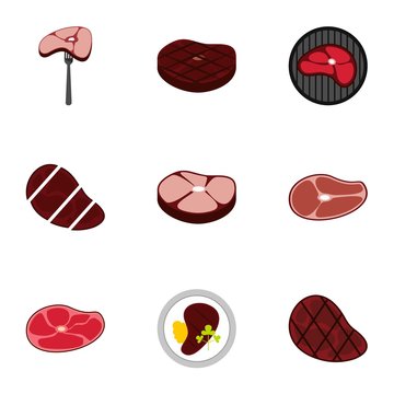 Meat icons set. Flat illustration of 9 meat vector icons for web