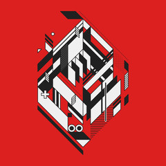 Abstract geometric element on red background. Style of futurism and constructivism. Useful as prints or posters.