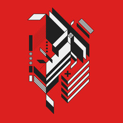 Abstract geometric element on red background. Style of futurism and constructivism. Useful as prints or posters.