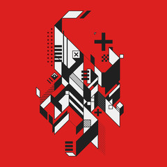 Abstract geometric element on red background. Style of futurism and constructivism. Useful as prints or posters.