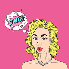 Pop art style sketch of beautiful blonde woman saying OMG! on pink background