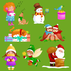 illustrations set Merry Christmas Happy new year, girl sing holiday songs with pets, snowman gifts, cat and dog enjoy presents, owls family and bird,Christmas elf Santa Claus climbing chimney with bag