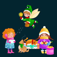 illustrations set Merry Christmas Happy new year, girl sing holiday songs with dog pets, cat and dog enjoy presents, elf flies using the wings magic wand star vector