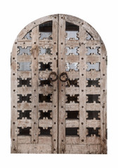 old wooden door with glass panels and iron handles in form of rings